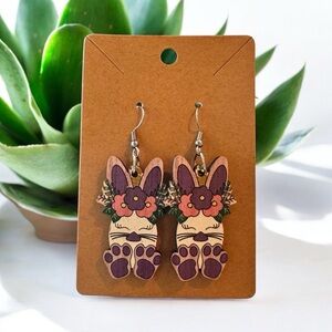 🐰🌸 Floral Bunny Wooden Dangle Earrings 🌸🐰